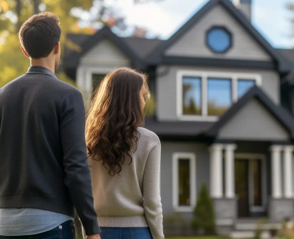 Realtor shows classic American house to young couple buyers.
