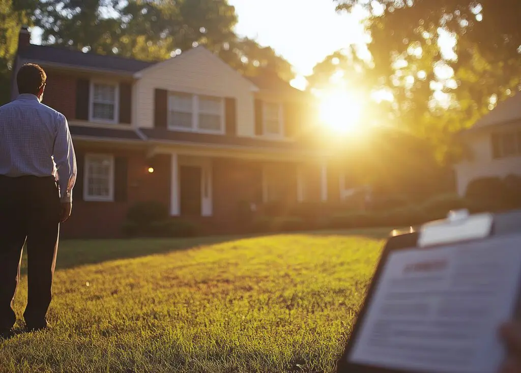 Relator with a clipboard and checklist showing home to new perspetive buyer with the sun shining through the trees
